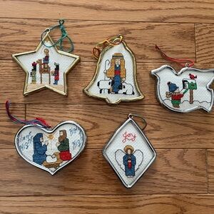 [2-3”]VTG Holiday Cross-Stitch Ornament Set - Multicolor-set of 5